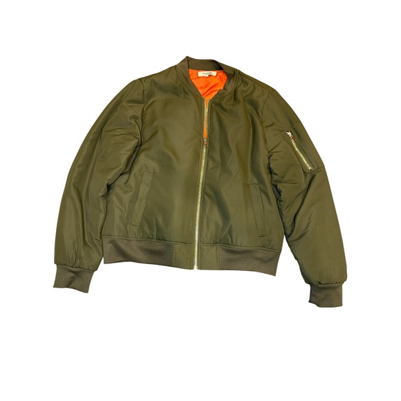 Charlotte Russe Olive Green Bomber Jacket Orange Lined Zip Pocket Size L - Picture 5 of 10